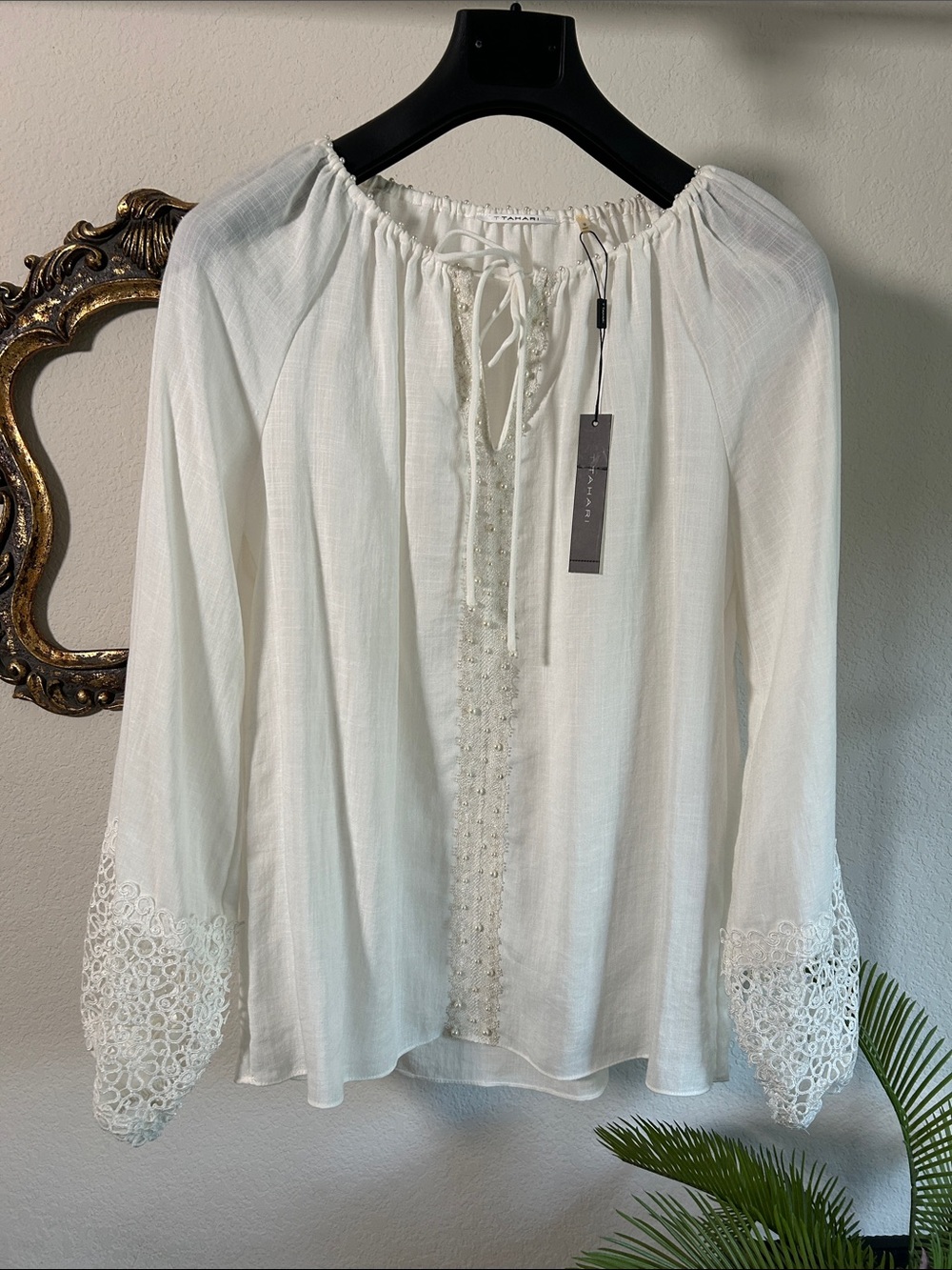 T THARI White Peasant Blouse with Lace Trim